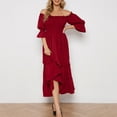 thumbnail image 4 of Wedding Guest Dresses for Women Off The Shoulder Puff Sleeve Dresses Fashion Loose Solid Color Sexy Formal Dress (Red L), 4 of 6