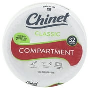 Chinet Classic Premium Disposable Paper Compartment Dinner Plates, White, 10 3/8”, 32 Count