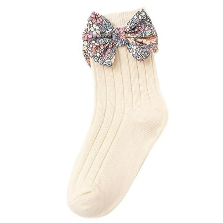 

Toddler Baby Girls Cotton Crew Socks Sweet Vintage Floral Print Bowknot Infants Princess Mid-Calf Stockings Hosiery 1-7Y