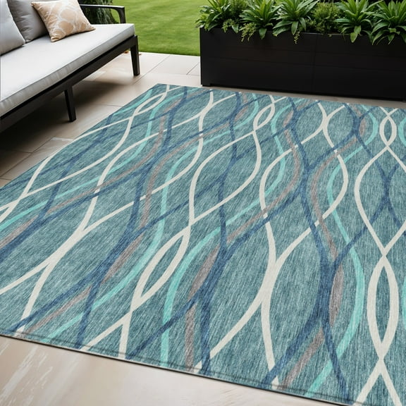 HomeRoots 585305 5 x 8 ft. Abstract Washable Indoor & Outdoor Rectangle Area Rug, Teal Blue, Navy Blue & Gray