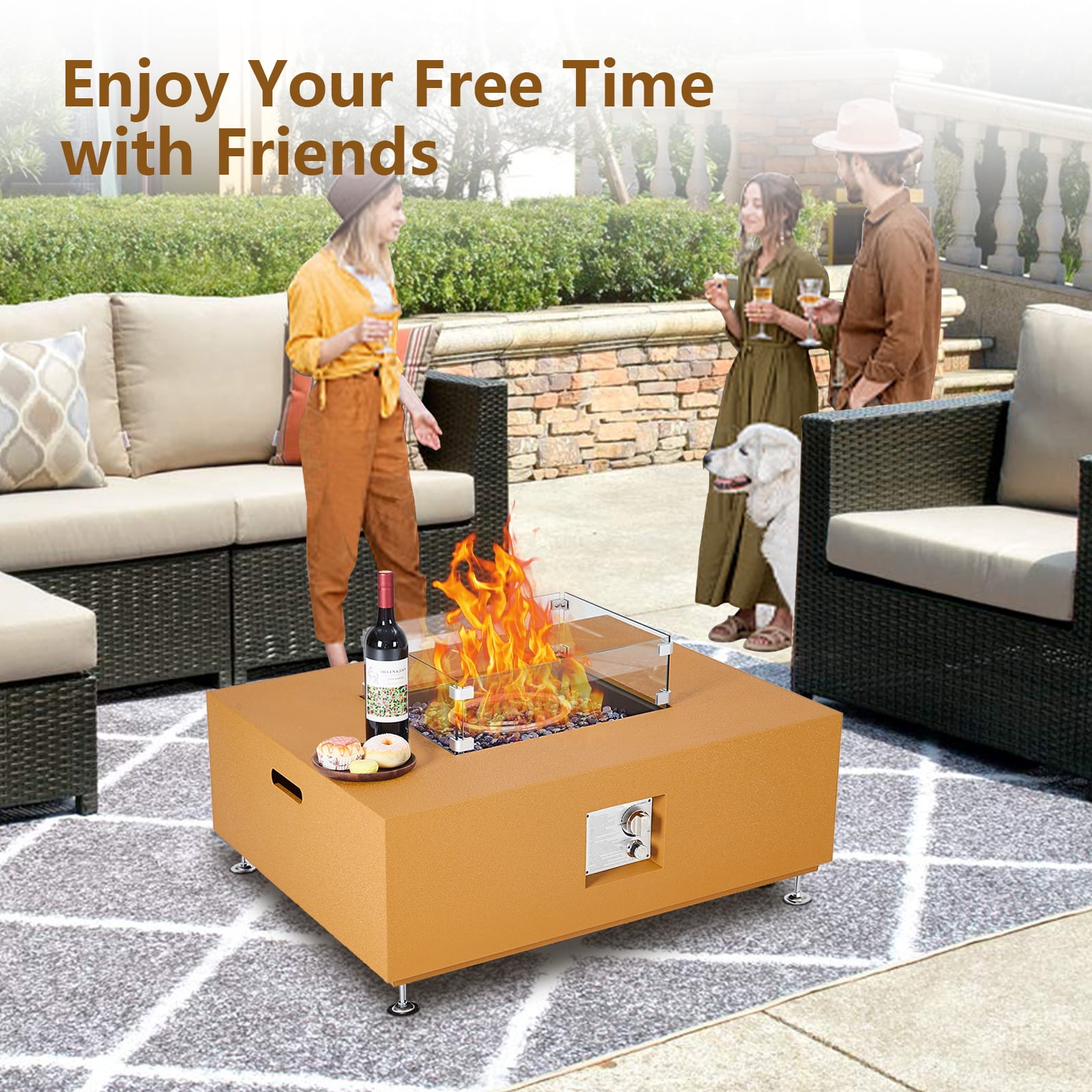 Outdoor Propane Gas Fire Pit Table, 50000 BTU Firepit with Wind Guard, Rain Cover for Outside Patio