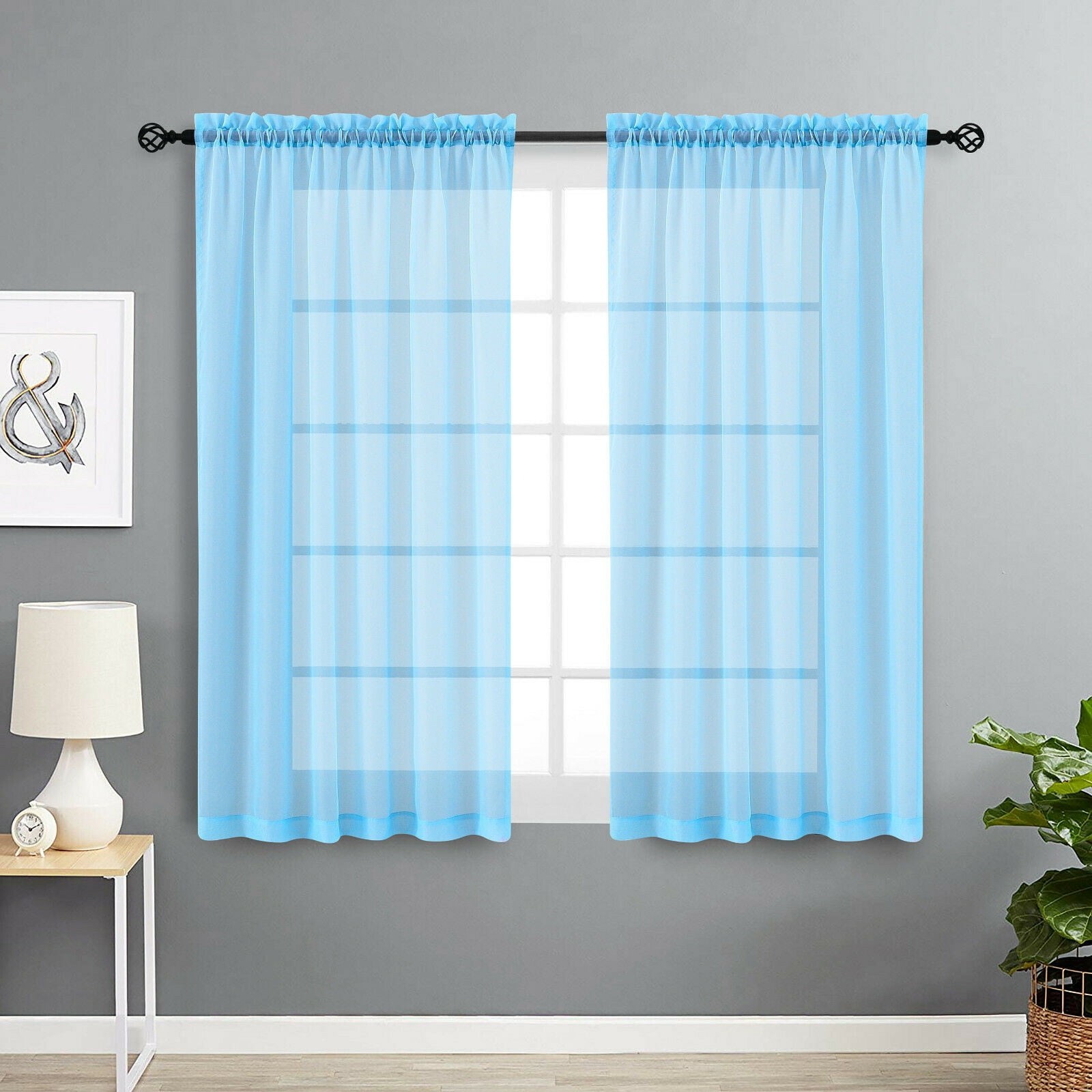 Basic Home Rod Pocket Sheer Voile Window Curtains - Baby Blue, 45 in. Long