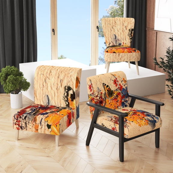 Designart "Orange Buttlerfly In Watercolor Painting" Upholstered Floral Accent Chair - Arm Chair