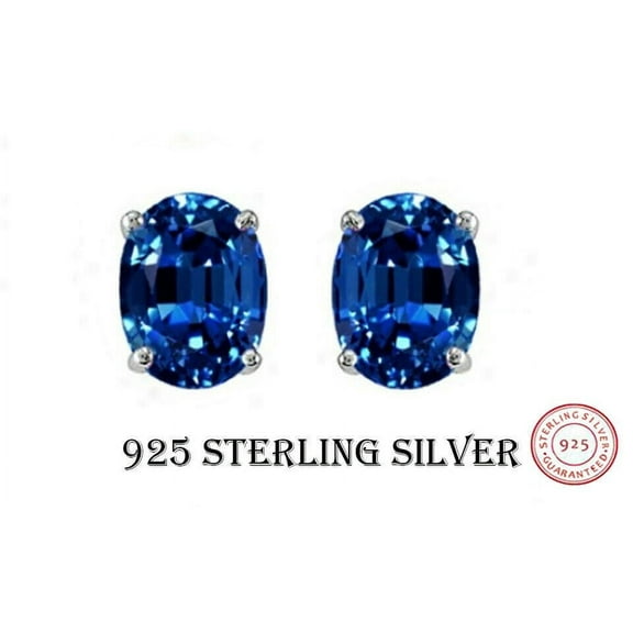 925 Sterling Silver Blue Sapphire 6X8 Oval Stud Earrings