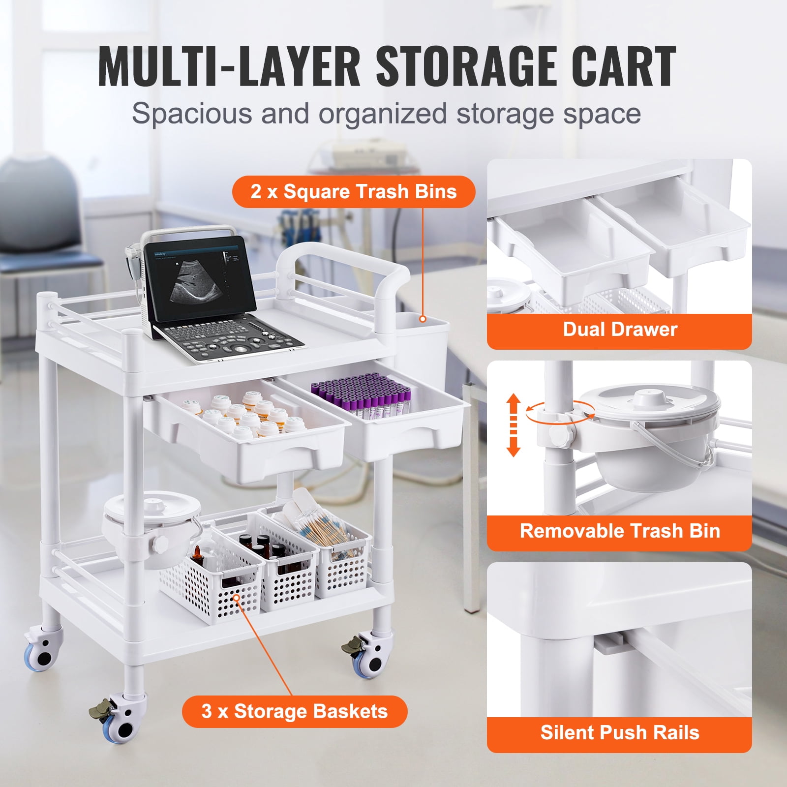 SKYSHALO Mobile Utility Cart, 2-Shelf Design with Dual Drawers & Quiet Casters, Durable PP Construction, Includes 3 Waste Bins, Ideal for Laboratories, Clinics, Hospitals & Salons, White