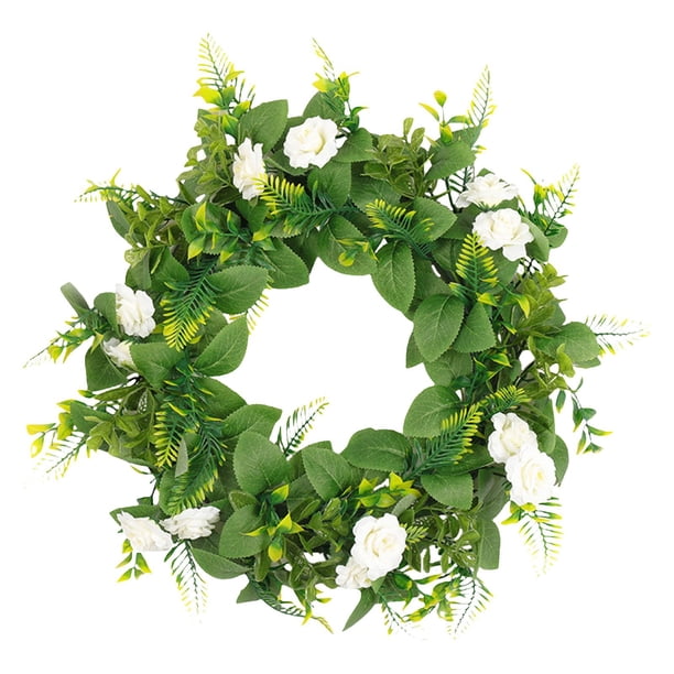 Corona de puerta de entrada de 45 cm, flores artificiales, guirnalda, ramo, hojas verdes, floral Corona de rosas (blanca)