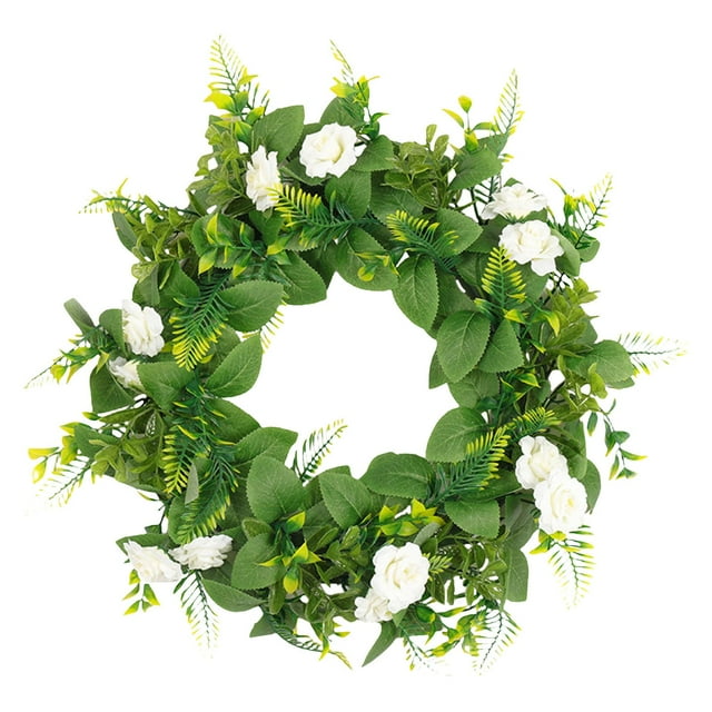Corona de puerta de entrada de 45 cm, flores artificiales, guirnalda, ramo, hojas verdes, floral Corona de rosas (blanca)