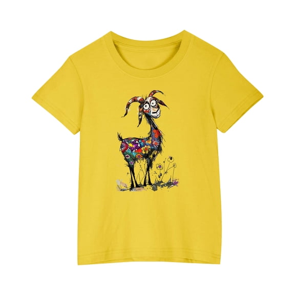 FAHXNVB Girls Crewneck T-Shirts Short Sleeve Summer Cute Goat Print Basic Breathable Cotton Shirts Fashion Althletic Comfortable Tees Tops 3-10 Years