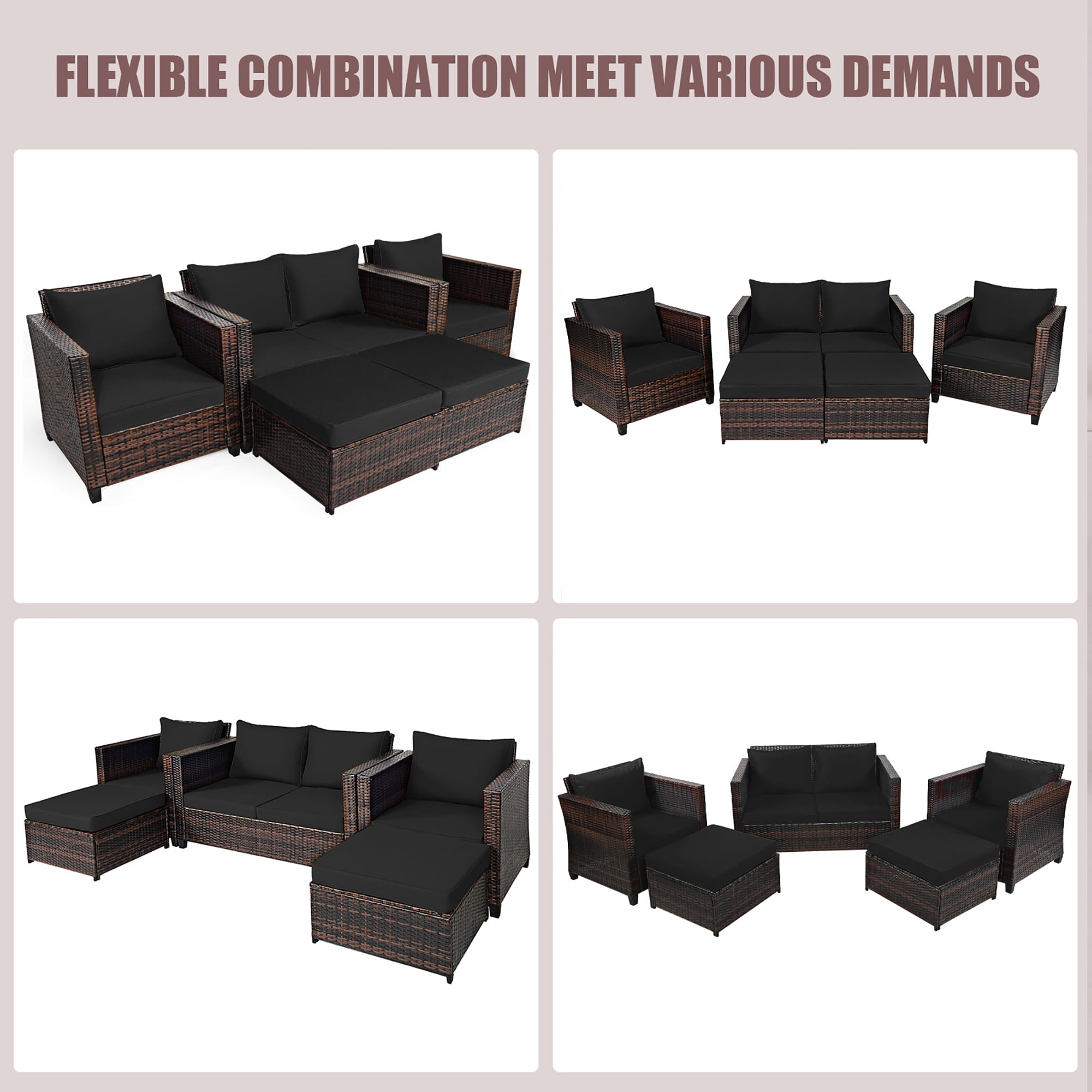 Costway 5PCS Patio Rattan Furniture Set Loveseat Sofa Ottoman Cushioned Black