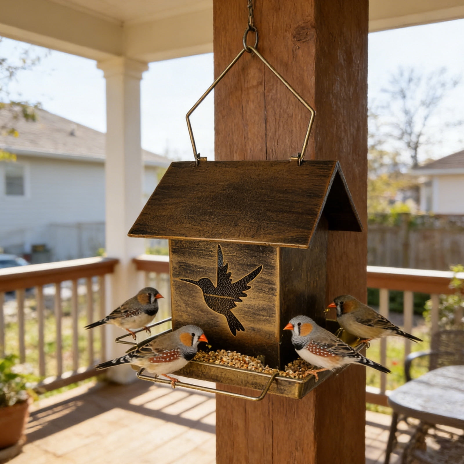 Outdoor Balcony Iron Art Hanging Bird Feeder, Rustic House - Shaped Design with Bird Motif, Easy - to - Hang Feeding Station for Wild Birds, Cardinals, Sparrows, Blue Jays, Finch, Backyard, Patio, Ga