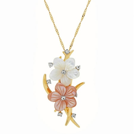 Women's Mother of Pearl and Crystal Flower Gold over Silver 2-in-1 Pin Pendant, 18