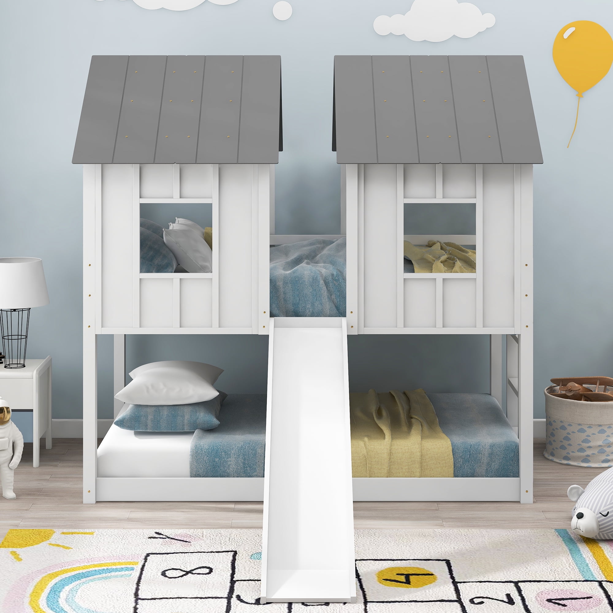 Euroco House-Shaped Twin over Twin Bunk Bed with Roof and Windows for Kids Teens Bedroom, White