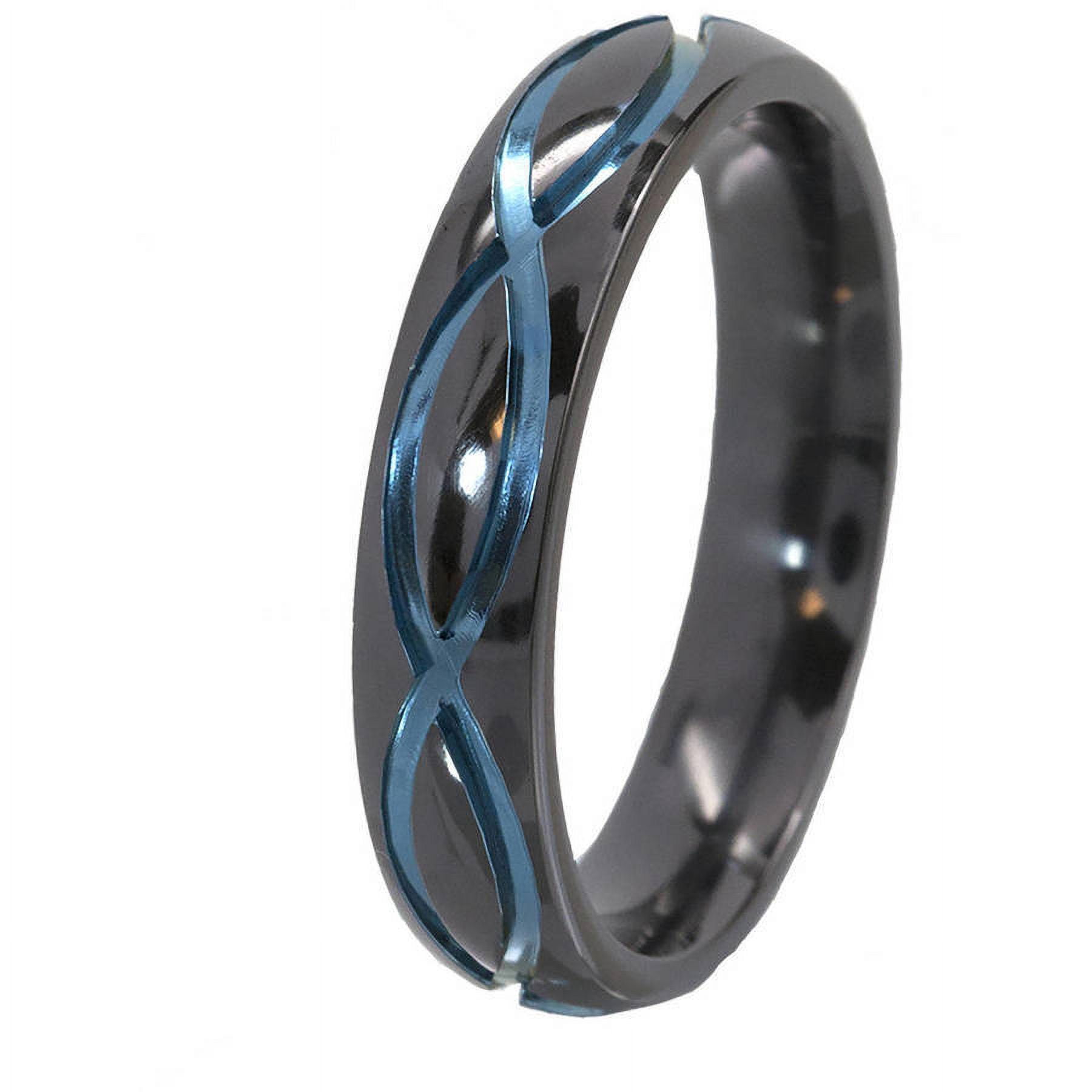 5mm Half-Round Black Zirconium Ring with the Infinity Symbol Anodized in Blue