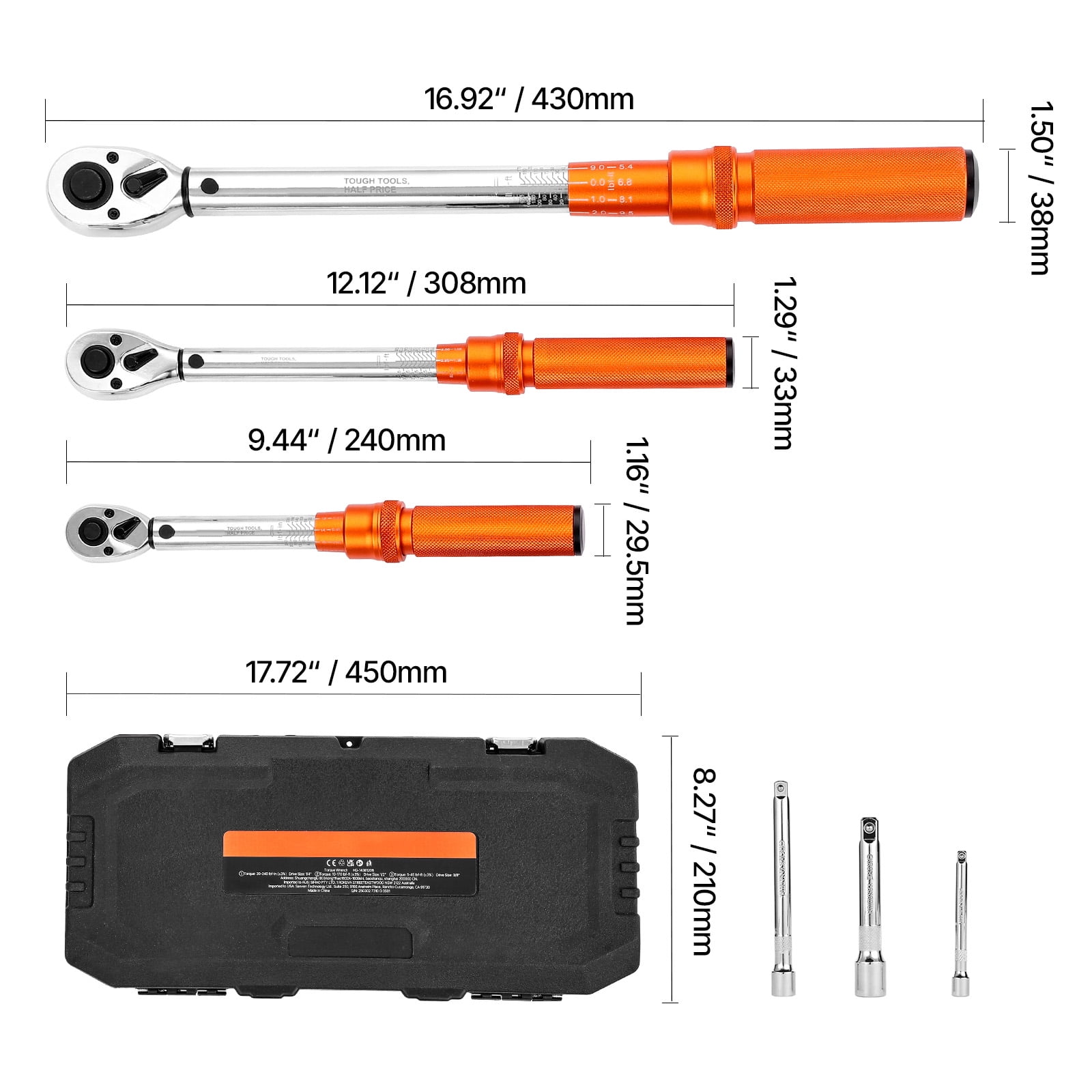 KFFKFF Click Torque Wrench Set, 3 Sizes, 1/4, 3/8, 1/2 Inch Drive, 10-170 lbf-ft, 5-45 lbf-ft, 20-240 lbf-in, Dual-Direction with Dual Range Scales, 72-Tooth, ±3% Accuracy