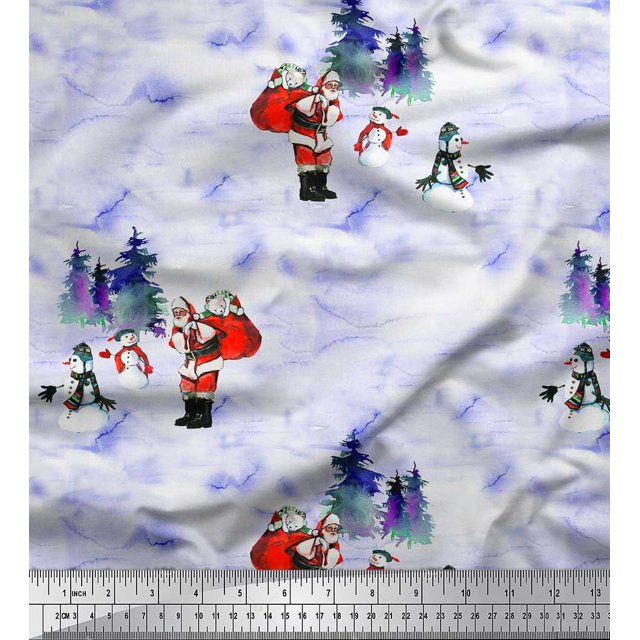 Soimoi Tissu Poly Georgette Snowman, Santa & Tree Noël Imprimé 1 Yard 42 Pouces de Large