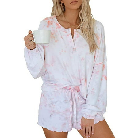 

Tangnade Oversize Tops for Women Summer Clearance Womens Tie-Dye Printed Shorts Long Sleeve Tops 2 Piece Pajamas Set Sleepwear