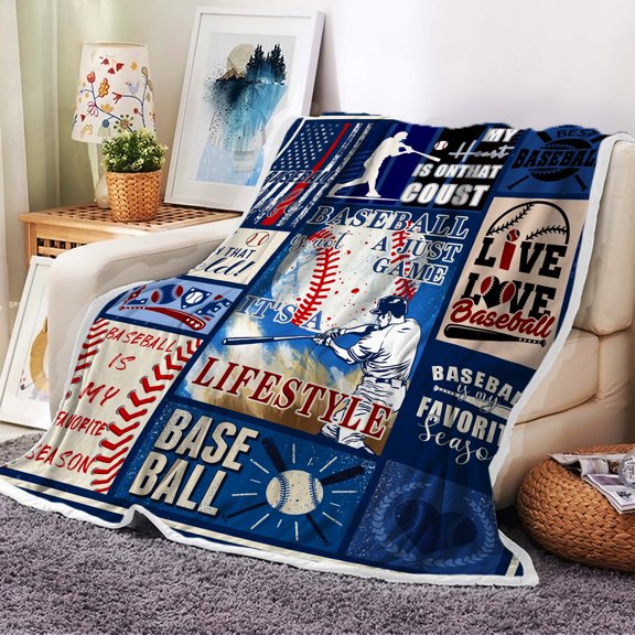 Baseball Blanket, Blue Baseball Lover Baseball Team Warm Throw Blanket for Boys Kids Men, Great Baseball Coach Present, Sports Blankets for Couch, Sofa, Office, 50X60IN