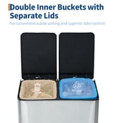 2 x 5.3 Gallon Dual Compartment Stainless Steel Trash Can, Hands-Free Recycling Bin with Soft Close Lid, Foldable Step Pedal and Removable Inner Buckets for Kitchen Office - Silver