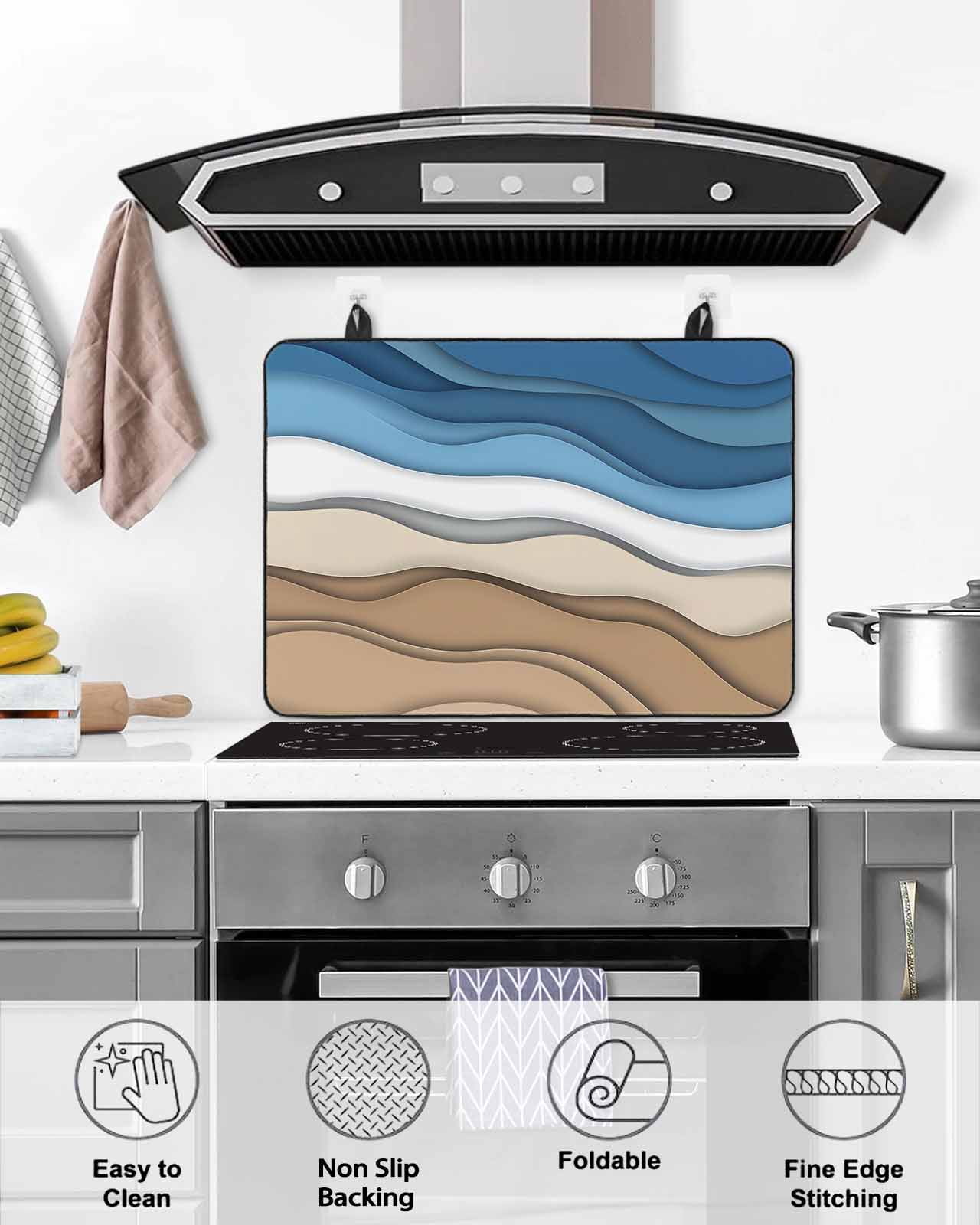 nqOlkjepod Large Induction Cooktop Protector Mat 24"x21", Blue Brown Striped Stove Top Covers for Electric Stove, Modern Gradient Abstract Waves Stove Burner Cover Mats, Glass Top Stove Cover