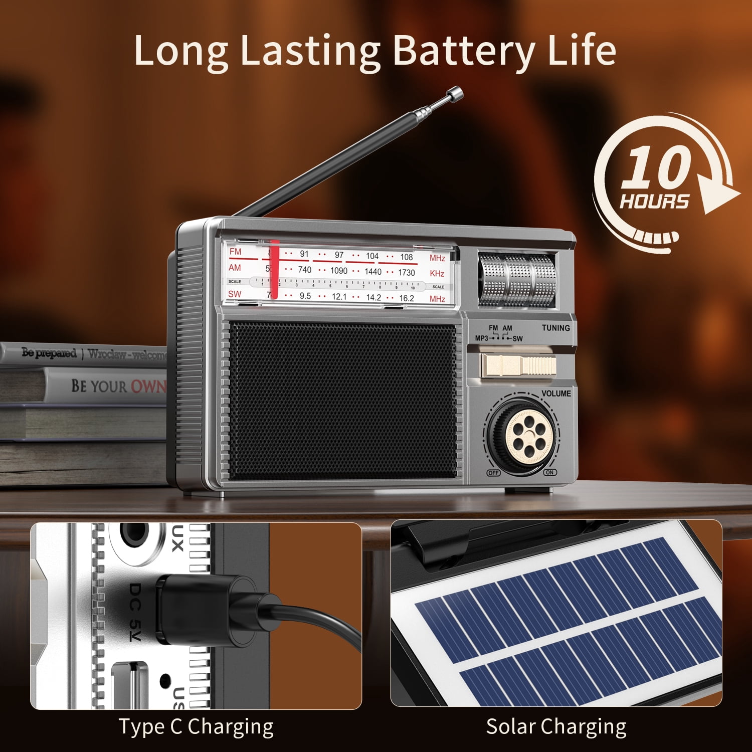 Portable AM FM SW Radio with Reception, Rechargeable & Solar Power, Big Speaker, Large Tuning Knob,Bluetooth, Earphone Jack for Gift, Elder, Home