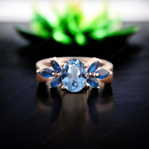 SHREENATHJEWELRY 8x6MM / 2Ct Aquamarine Promise Ring- Bridal Wedding Jewelry Sapphire Cluster Proposal Ring Birthday Gift For Women