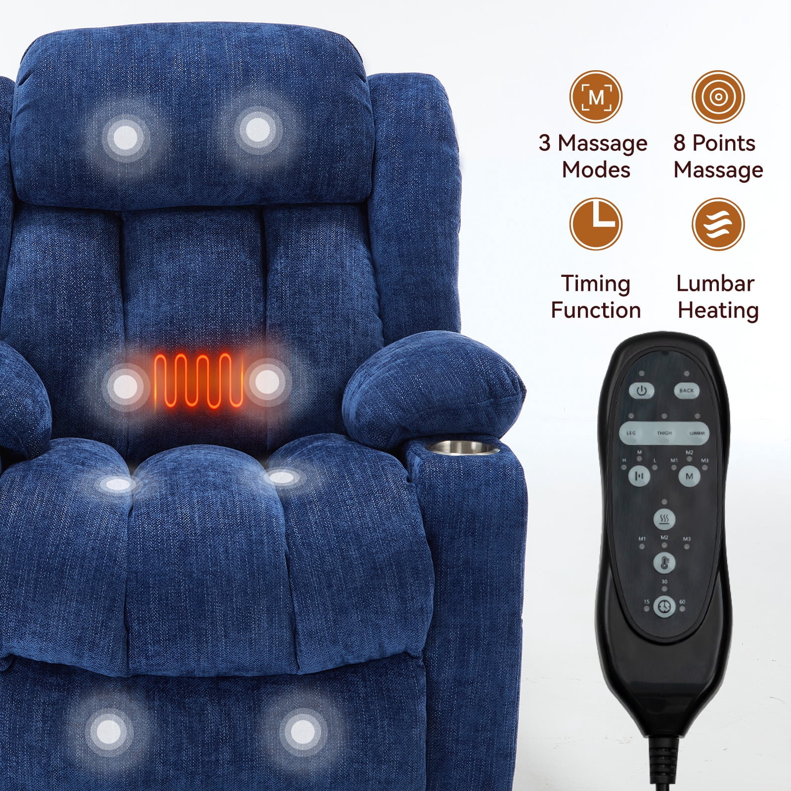 Alvantor Large Power Lift Recliner Chair for Elderly with Massage and Heat Chenille Electric Recliners Chair with USB Ports & Cup Holders for Living Room Blue