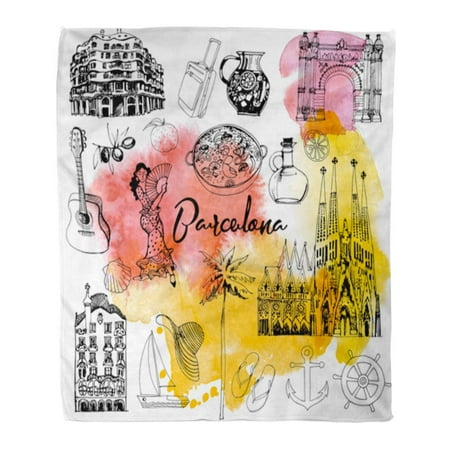 ASHLEIGH Flannel Throw Blanket Sketch Colorful City Barcelona of Watercolor White Spain Paella Soft for Bed Sofa and Couch 58x80
