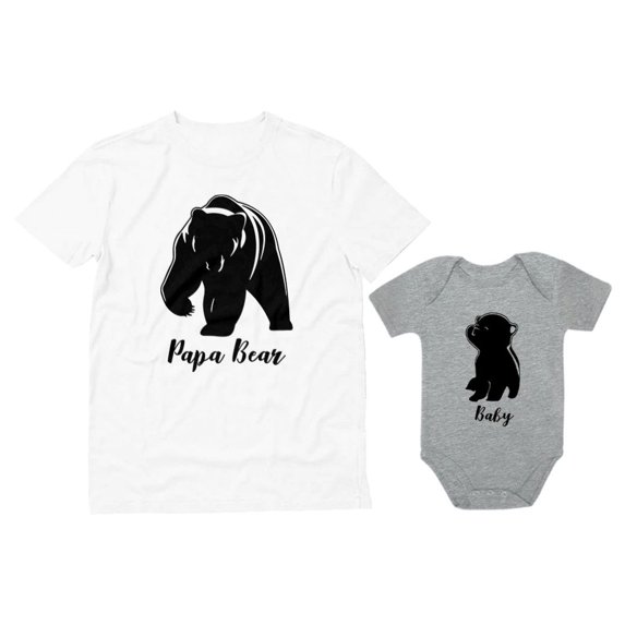 Baby & Papa Bear Men's T-shirt & Baby Bodysuit Outfit Father & Son Matching Set Dad White Medium / Baby Gray 18M (12-18M)