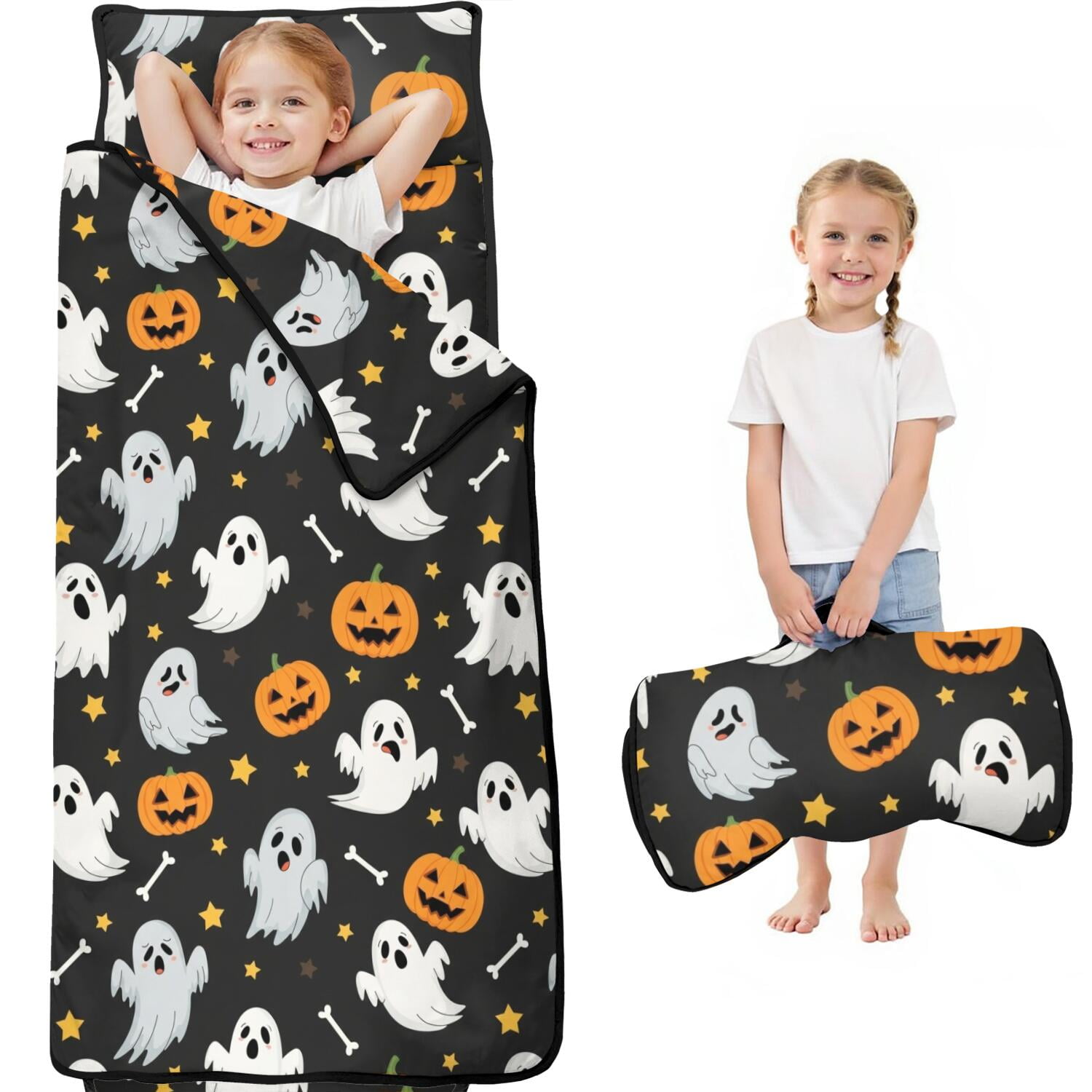 Halloween Ghosts Pumpkins and Stars Kids Nap Mat All-in-One Nap Pad with Handle & Fastening Straps Portable with Handle Gifts for Back To School Nap Time 59 x22