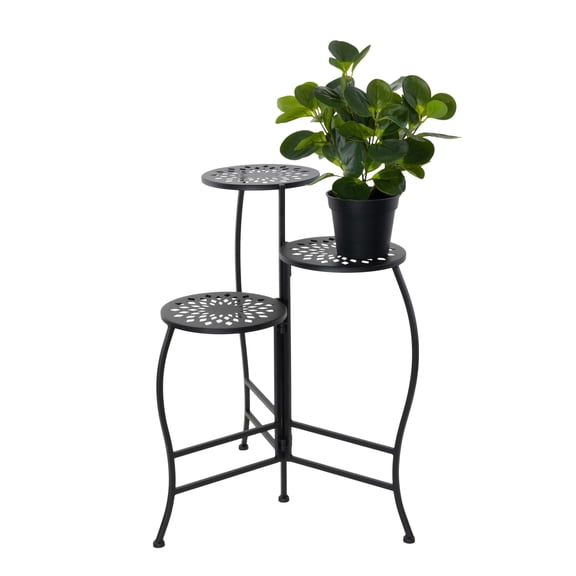 DecMode 20" x 15" x 24" 3 Tier Black Metal Folding Floral Plantstand with Floral Cutouts