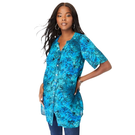 Roaman's Women's Plus Size Angelina Crinkle Crepe Y-Neck Short Sleeve Tunic