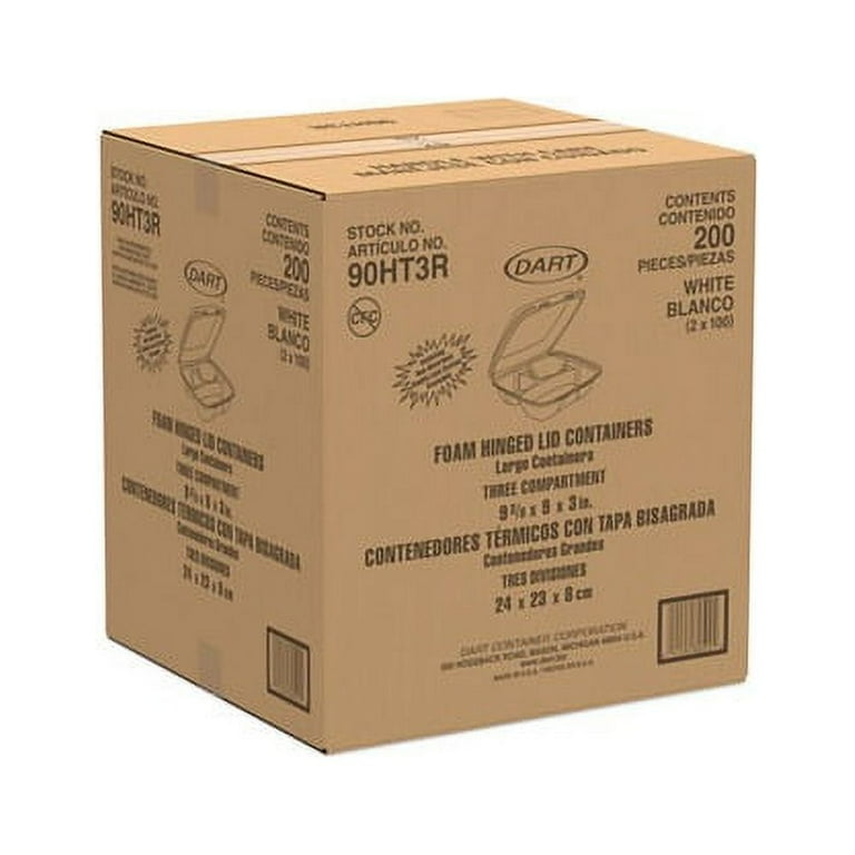 Dart 80HT3R Carryout Food Container, Foam, 3-Comp, White, 8 x 7 1/2 x 2  3/10 (Case of 200)