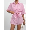 thumbnail image 3 of Women 2 Piece Outfits Summer Short Sleeve Stripe Shirts and Loose High Waisted Mini Shorts Sweatsuit Set Pink M, 3 of 5