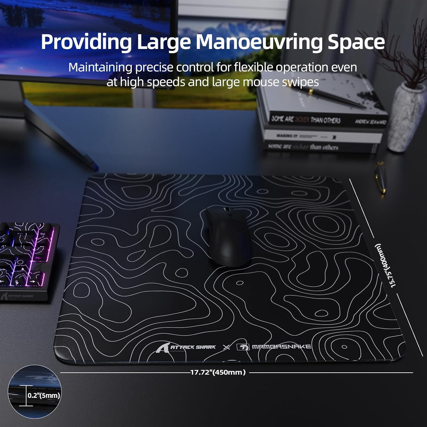 ATTACK SHARK CM05 Tempered Glass Gaming Mouse Pad,Ultra-Smooth Surface, 9H Tempered Glass, Impact & Scratch Resistant, Low Surface Friction, Non-Slip Mouse Mat(450mm x 400mm)