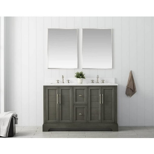 Vanity Art 54 Inch Double Sink Bathroom Vanity with Ceramic Sink and Engineered Marble Top, Without Mirror