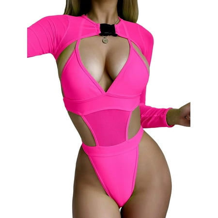 

Women Bodysuit Sets Long Sleeve Mesh Sheer Shrug Tops + Sleeveless Cutout Bodycon Bodysuits Female Club Overalls