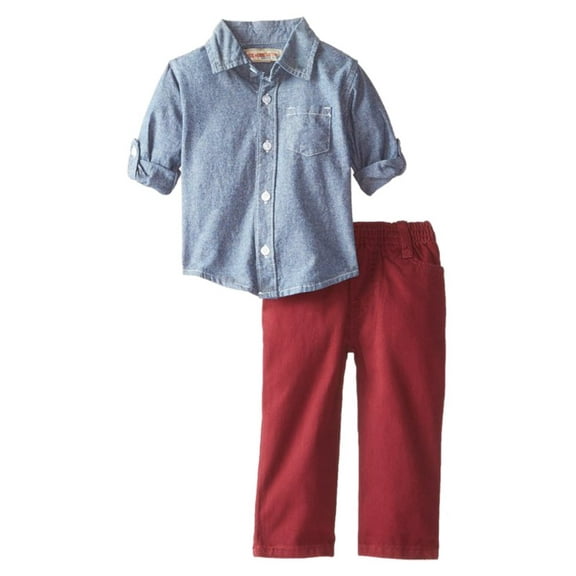 Kids Headquarters Infant Boys 2P Chambray Shirt & Burgundy Pants Set 12m