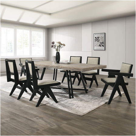 JERFIT 7-Piece Black Modern Dining Set with Trestle Table and Upholstered Chairs for 6-Seater Dining Room