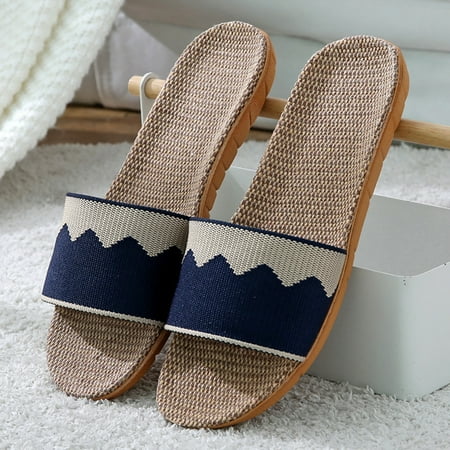 

MRULIC slippers for men Men Couples Linen Slip On Flat Slides Indoor Home Color Slippers Causal Fashion Comfortable Beach Shoes mens slippers Navy Blue + US:12