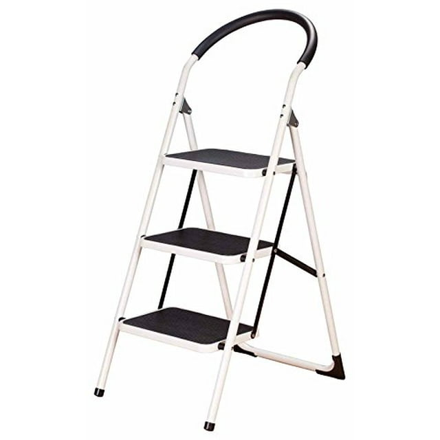 LivingSURE 3 Step Ladder Stool Combo with Handgrip - Anti-Slip Folding Step Stool - Extra Wide Pedal Step Sturdy Household Ladder