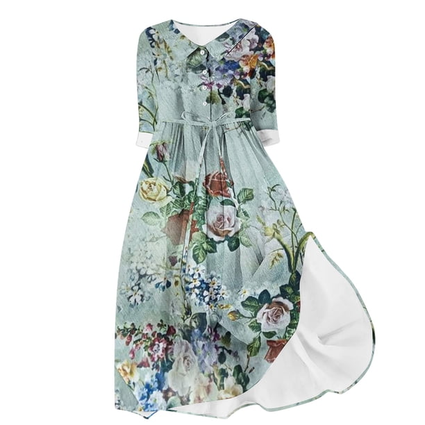 Vestido de Verano para Mujeres Impreso Cuello de Vuelta de Manga de Tres Cuartos, Estilo de Ocio de Moda para Ocasional, Fiesta Y Vacaciones