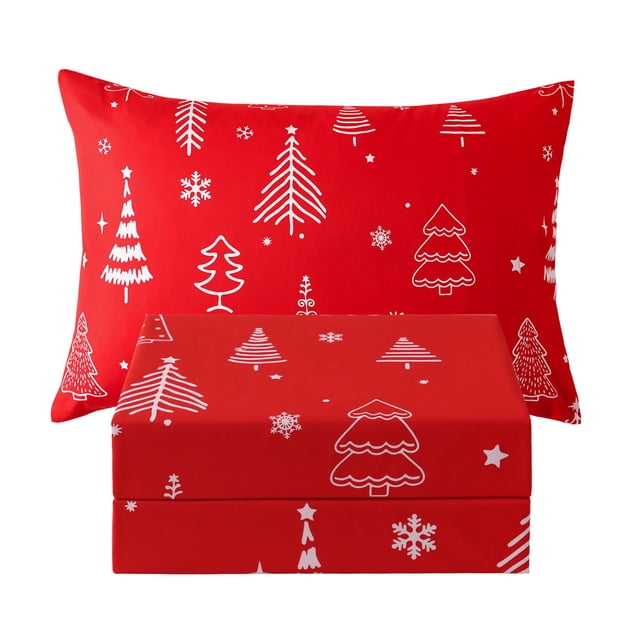Juego de sábanas JSD con forma de árbol de Navidad rojo para niños, tamaño doble, 3 piezas