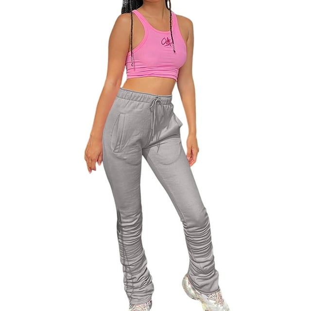 Yuyuzo Womens Stacked Leggings Elastic High Waisted Drawstring Pleated Sweatpants Solid Color Thick Trousers