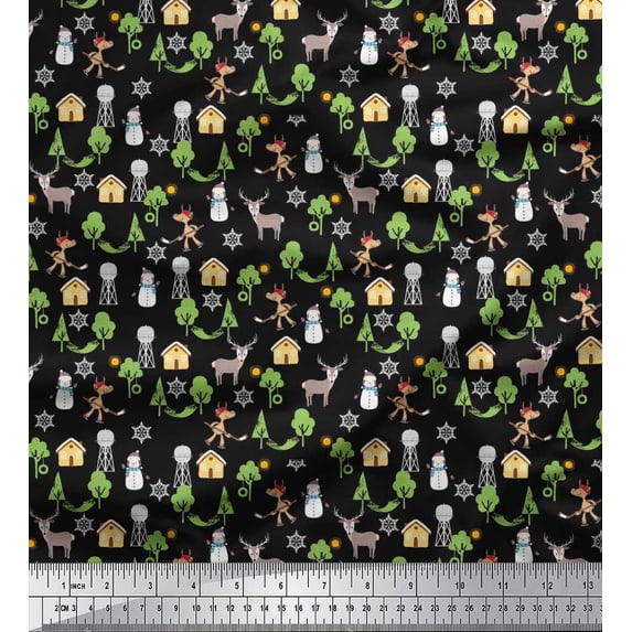 Soimoi Crepe Silk Fabric Tree,Snowman & Reindeer Cartoon Fabric Prints by Yard 42 Inch Wide