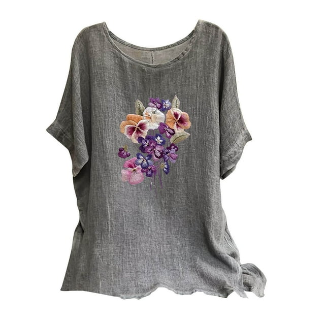 Birdeem Blouses pour Femmes, T-Shirt Décontracté à Broderie Imprimée, Manches Courtes, Coton et Lin