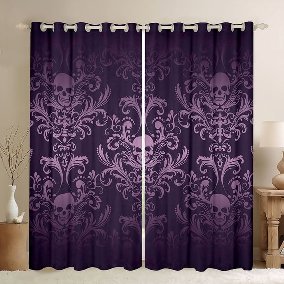 Salmon Violet Damask Curtains & Drapes Antique Victorian Baroque 30%-50% Blackout Curtains,Vintage Floral Window Curtains Exotic Sugar Skull Gothic Bone Skeleton Bohemian Decor,Dark Purple