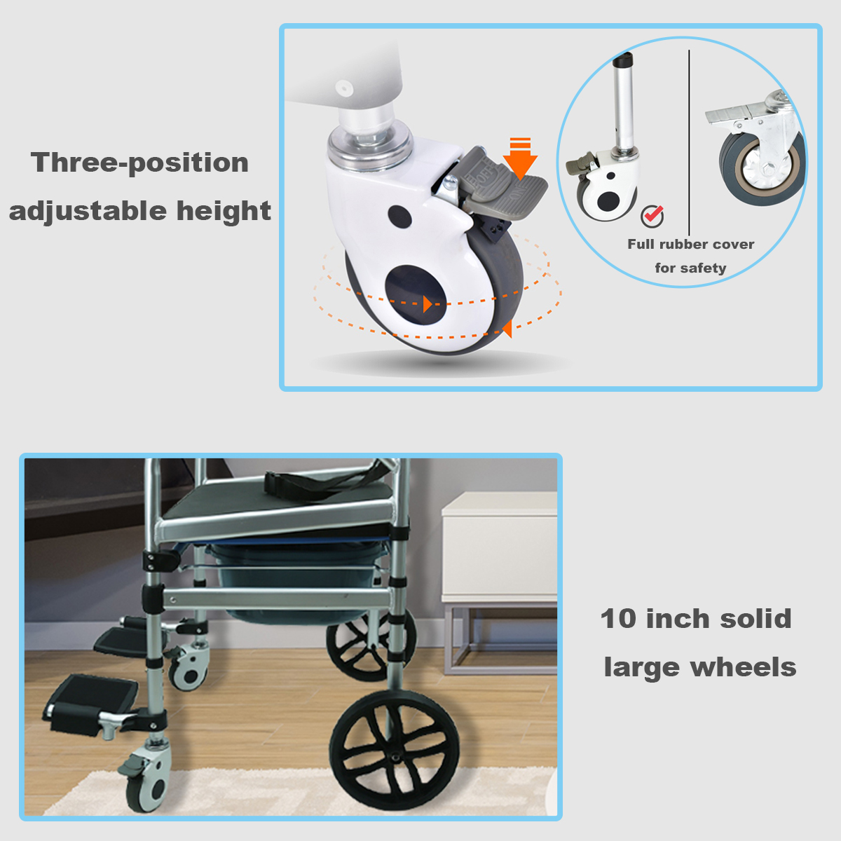 Shower Chair with Wheels, Foldable Height Adjustable Rolling Shower Chair, Sturdy Shower Wheelchair for Seniors with Large Commode, 220lbs Capacity