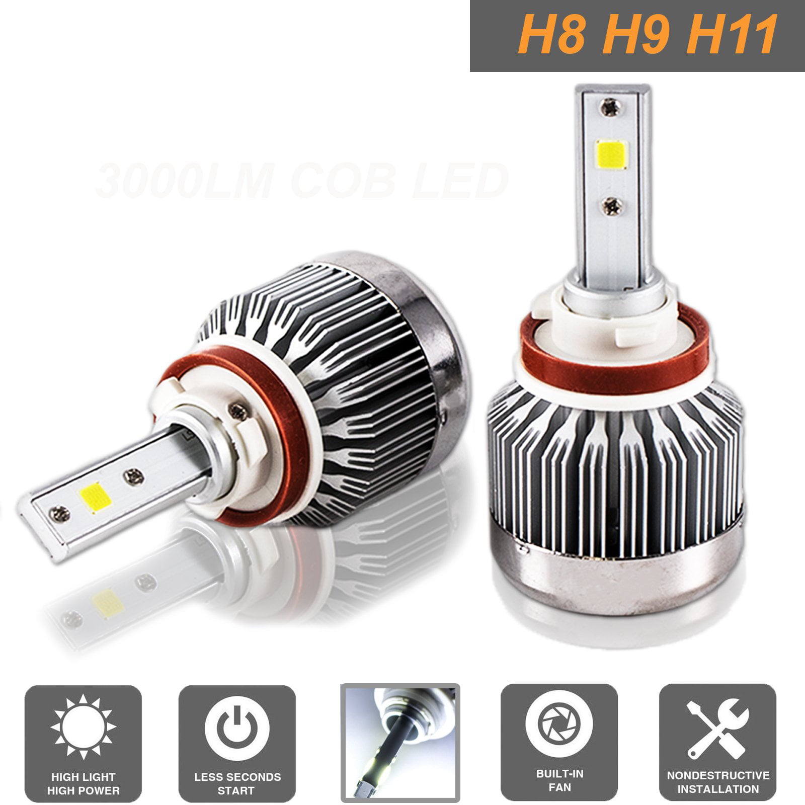 Pair H8 H9 H11 7200LM 72W 2-Sides LED Headlight Kit LOW Beam Bulbs 6000K White 