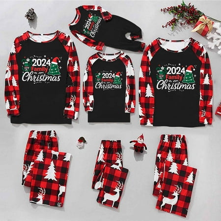 

Pxxlle 2024 Matching Christmas Family Pajamas Sets Xmas Long Sleeve Shirts with Red Plaid Pants Outfits Parents and Kids Vacation Pjs Sets for Children 8Years