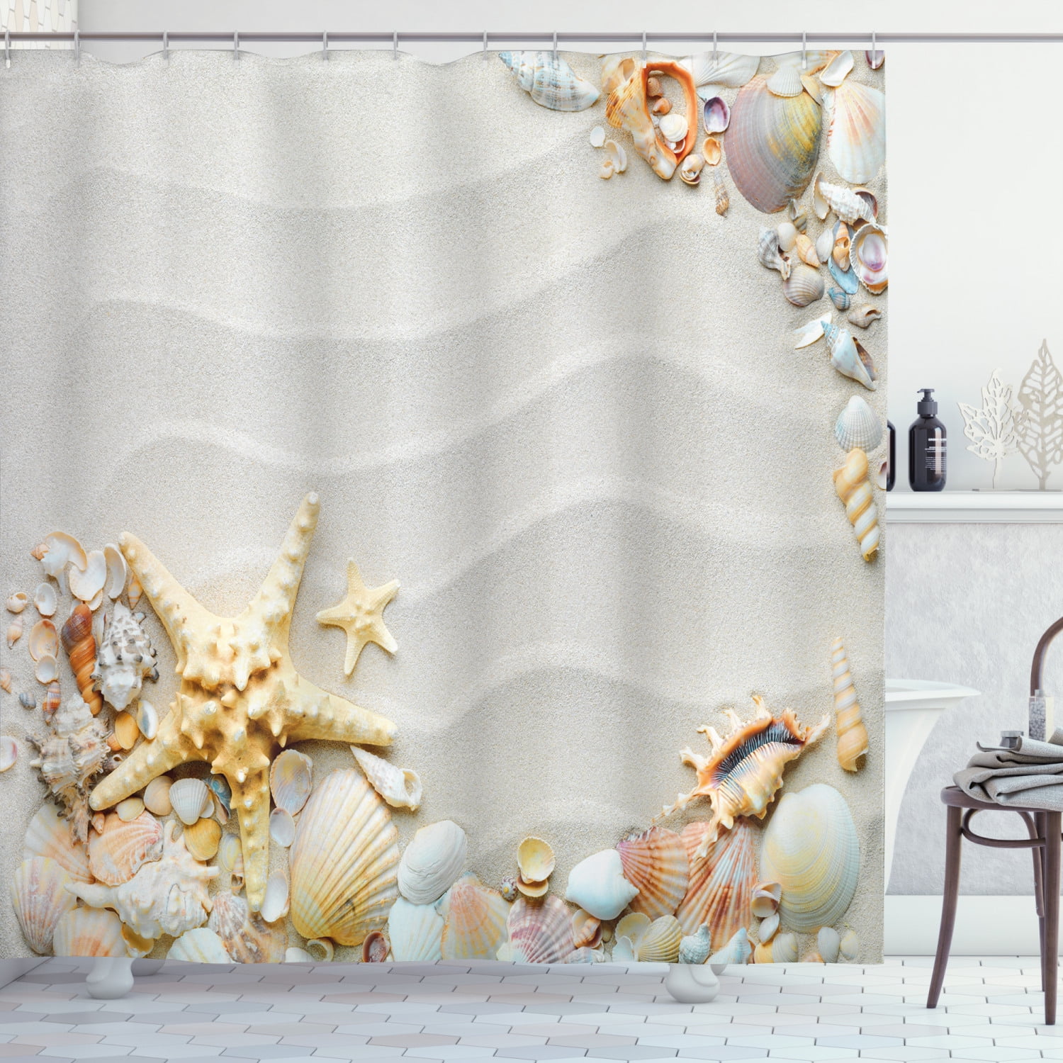 Sea Shell Starfish Pattern Bathroom Waterproof Fabric Shower Curtain 12 Hooks 